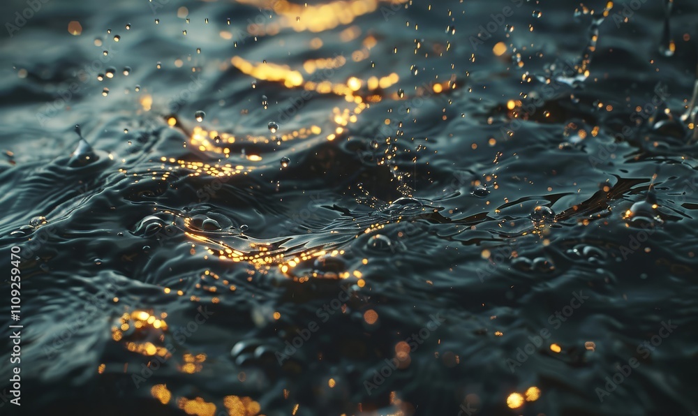 Poster close-up of water droplets splashing on the surface, creating a sparkling effect in the sunlight.