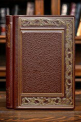 Fototapeta premium Vintage photo album, classic elegance, leather and gold accents, front view focus, with warm wood shelves in soft natural light background.