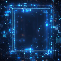 Obraz premium glowing neon blue frame on matrix electron particle background for NFT portrait frame.
