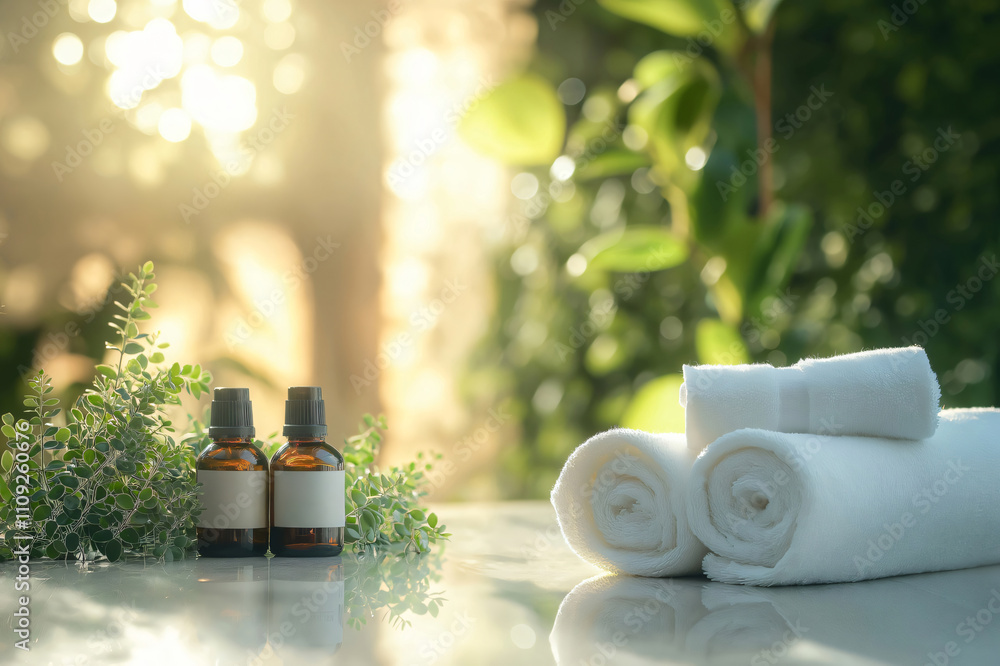 Poster two essential oil bottles and rolled white towels resting on a table with a lush green background cr