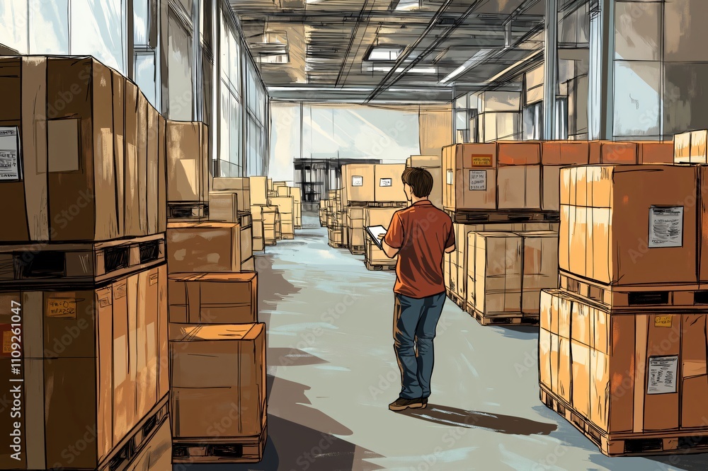 Poster warehouse manager using digital tablet checking inventory level in a large distribution warehouse