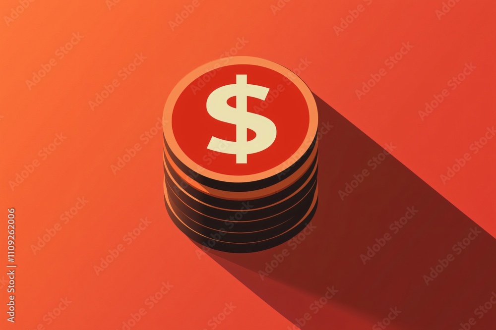 Poster stack of coins with a dollar sign is casting a long shadow on a red background