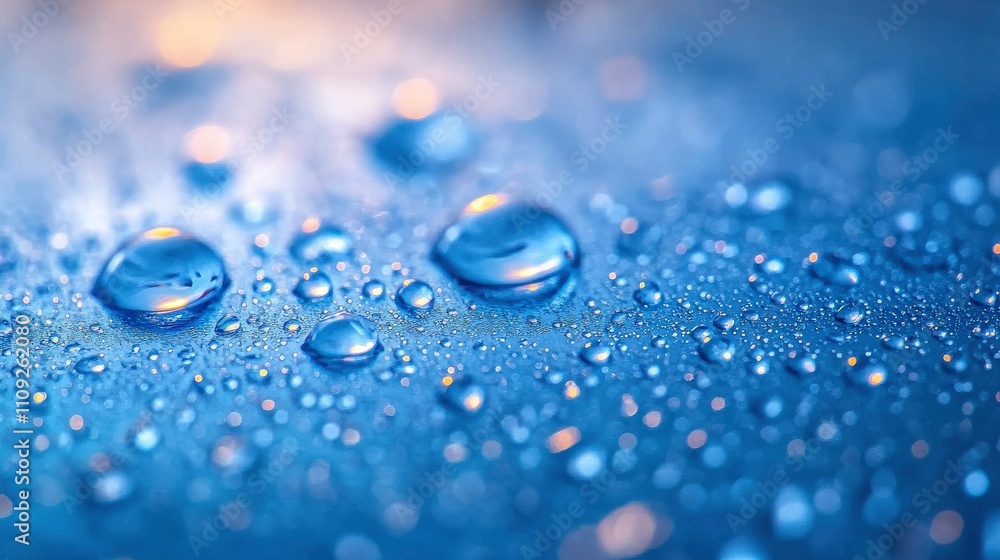 Aufkleber close-up of raindrops on a surface with a soft blue background showing bokeh effect, perfect for nat