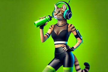 Fitness cat on green background. Generative AI