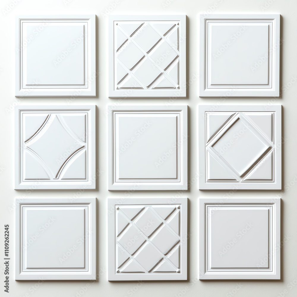 Poster an artistic arrangement of white wall panels featuring various textures and patterns, offering a mod