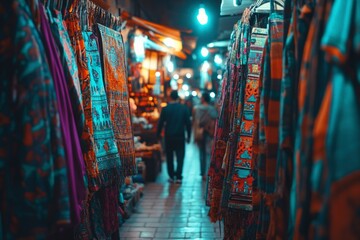 Obraz premium Night Market Displays Vibrant Woven Textiles Hanging