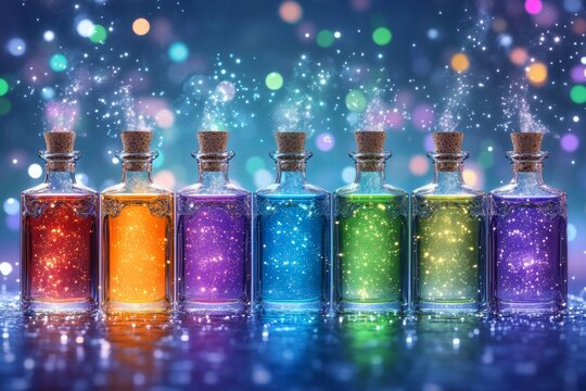 An elegant shelf filled with potions of various shapes, colors, and sizes, labeled with mysterious symbols. Generative AI