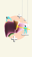 Contemporary art collage. 3D liver with healthcare workers and symbols, representing organ health, diagnosis, and medical treatment. Concept of health insurance, pharmacy, diseases.