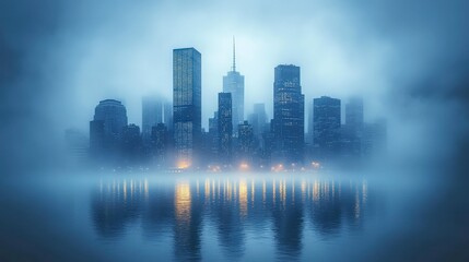 Fototapeta premium Misty City Skyline with Silhouetted Buildings Reflecting on Water with Dreamy Blue Tones and Enigmatic Atmosphere Ideal for Urban and Landscape Themes