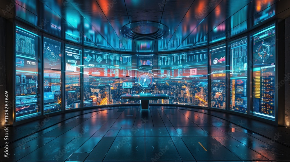 Poster futuristic control room with city view and holographic displays showing data analytics.