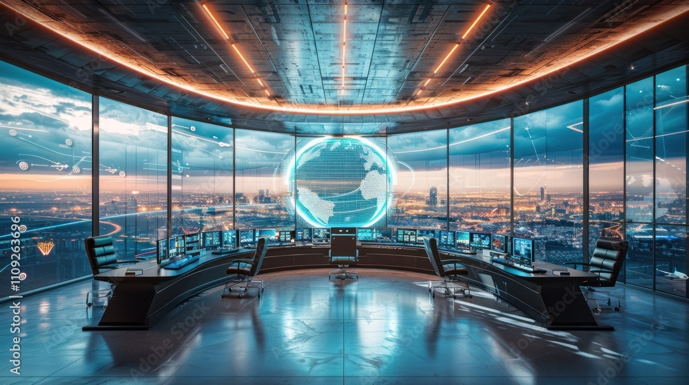 Poster futuristic control room with global network visualization.