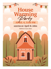 Housewarming Party. Invitation template with cute vector illustration of cute house, cottage, resident building on nature background with forest, flowers, plants, garlands, text. Flat Design.