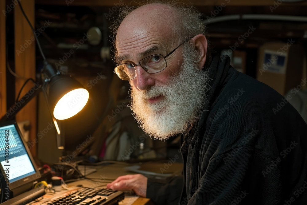 Poster elderly man working at computer in workshop