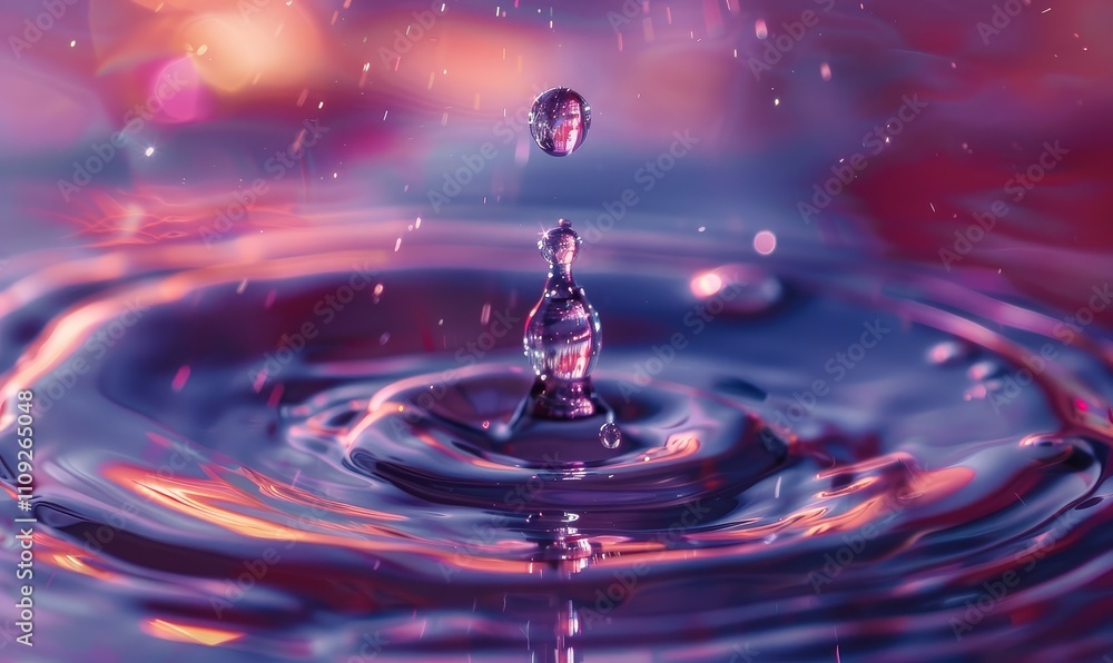 Poster a single water drop falls into a still pool of water, creating a ripple effect with a colorful bokeh