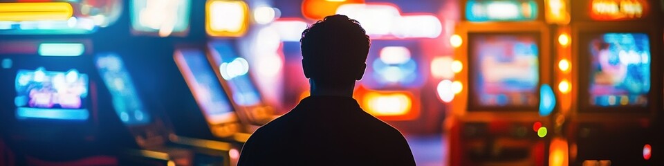Man silhouetted against colorful arcade games.