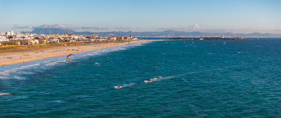 Aerial View of Tarifa's Sandy Beach and Kite Surfers in Spain