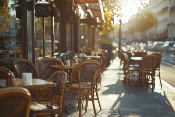 Fototapeta premium Parisian Cafe Tables Chairs Sunlight Street Scene