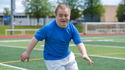 Obraz premium A young man with Down syndrome on a sports field on a sunny day.