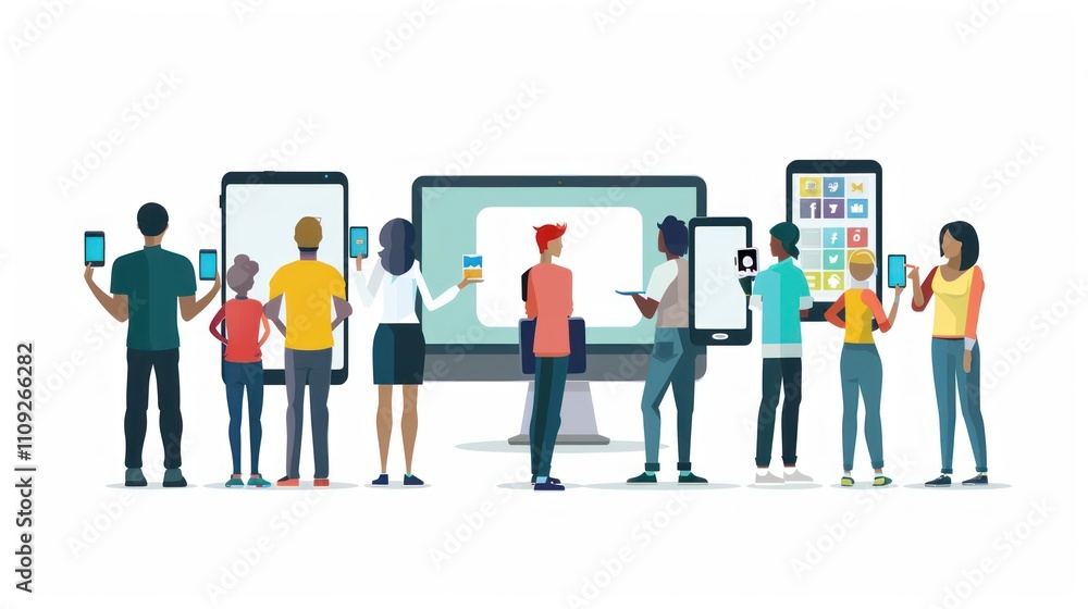 Aufkleber diverse group using various devices, interacting with a large screen.