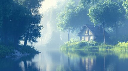 Fototapeta premium Serene Misty Landscape with a Tranquil Cottage by a Still River Surrounded by Lush Green Trees and Reflective Water in a Peaceful Natural Setting