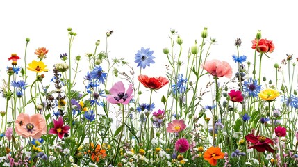 Obraz premium Colorful meadow and garden flowers with insects, isolated