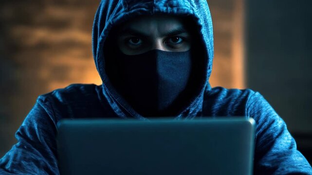 Analyze how fraudsters create fake e-commerce websites to steal payment information from shoppers, A hooded figure engaged in computer work