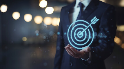 Fototapeta premium Business Professional Holding a Holographic Target Symbol: Focus and Precision background, target achieved, aim, goal achievement, sharp precision, modern business aesthetics