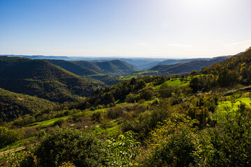 Panorama of the countryside from the medieval village of Castelnau-Pégayrols, former capital of Lévézou, near Millau