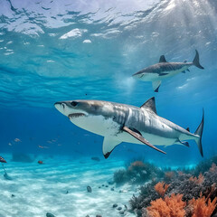 huge white sharks in blue ocean swim underwater