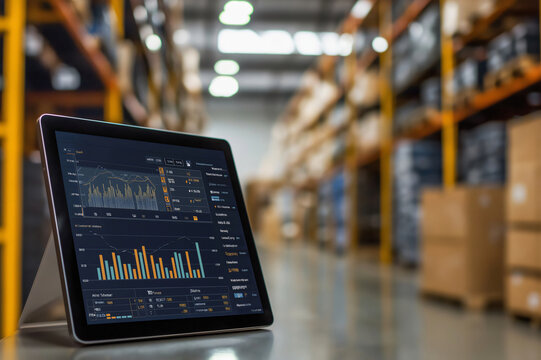 Digital tablet is displaying logistics data inside a warehouse, optimizing operations and improving efficiency
