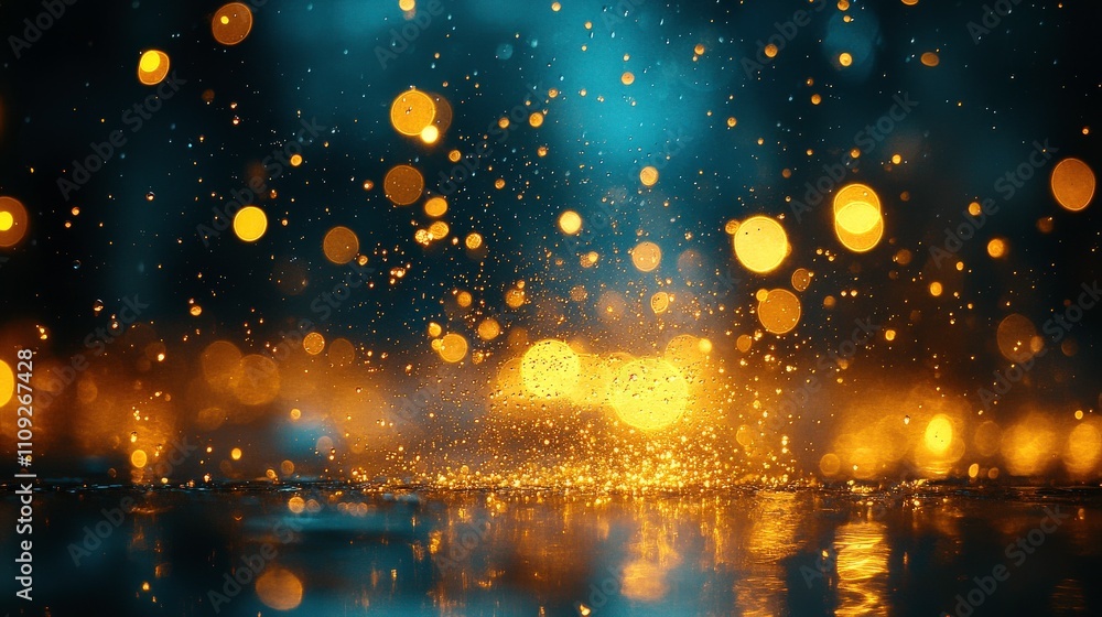 Poster vibrant close-up of raindrops creating bokeh effect with golden light reflections on a wet surface d