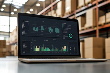 Open laptop displaying logistics and procurement data on screen, optimizing warehouse operations and supply chain management