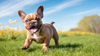 Fototapeta premium Happy French Bulldog running in a sunny field with vibrant flowers