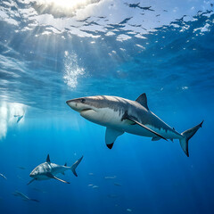 Obraz premium huge white sharks in blue ocean swim underwater