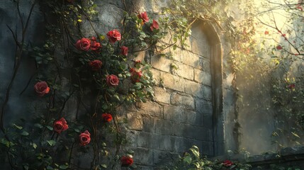 Sunlit stone wall with climbing red roses and arched doorway, creating a romantic, fairytale atmosphere.
