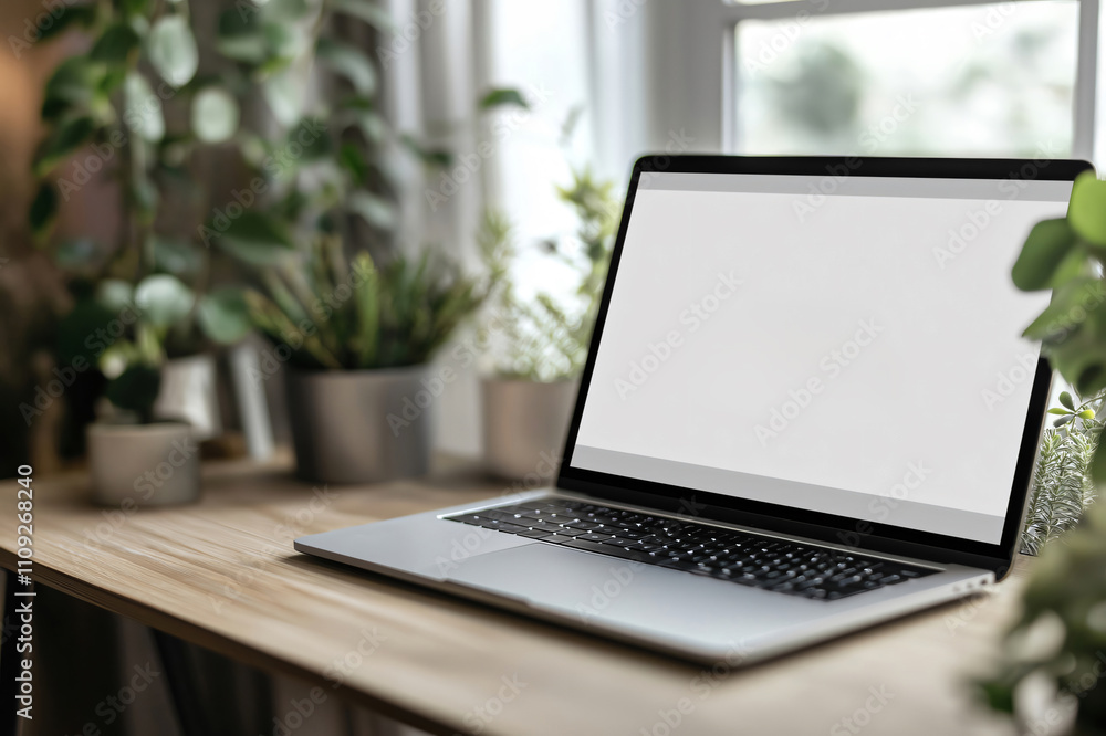 Poster laptop displaying customizable screen mockup placed on a standing desk in a home office environment 