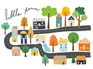 Little town cute house home road street village cottage map direction neighborhood doodle