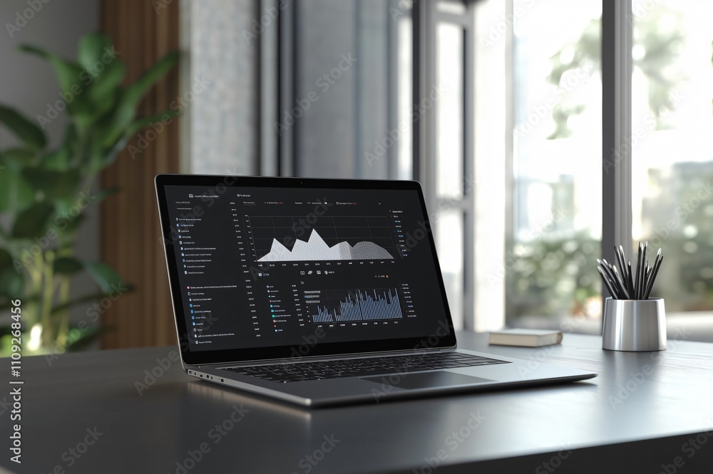 Poster open laptop displaying statistics and data on its screen, sitting on a dark desk in a contemporary o