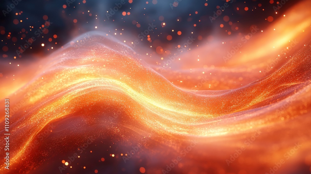 Poster abstract vibrant waves of red and orange light creating a dreamy atmosphere with sparkling particles