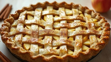 Freshly baked apple pie with a golden brown crust and decorative lattice top
