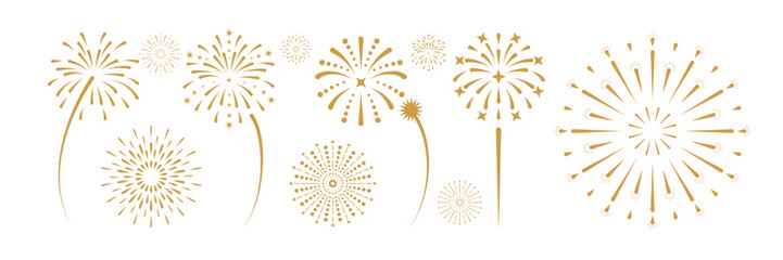 Fireworks, set of fireworks icons, abstract fireworks symbols, gold fireworks for celebration, winner, new year party, anniversary holiday posters, and banner designs. sparkle Star icon, sunburst.