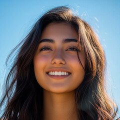 Fototapeta premium Close-up photo of beautiful woman against blue sky background 