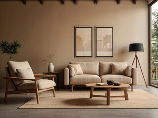 Minimalist, japandi style interior design of modern living room. Boucle sofa and accent armchair against beige wall with frame.