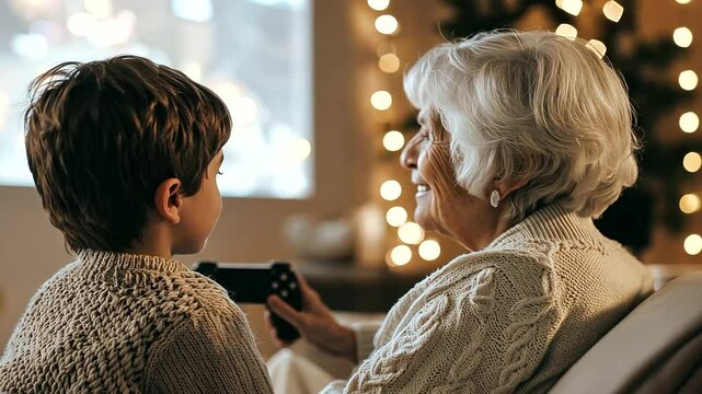 Grandmother Knitting While Watching Grandson Play Video Games