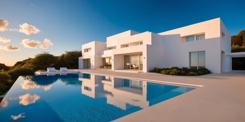 Fototapeta premium Modern villa with swimming pool reflecting the sunset in tropical landscape