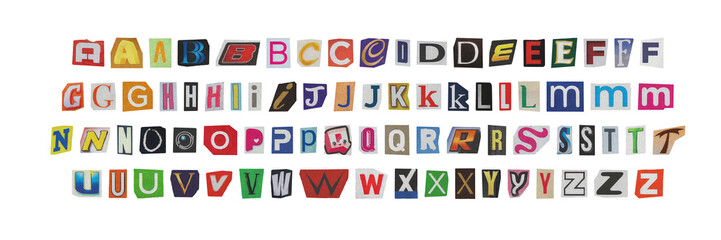 big set of cut-out english png alphabet from magazines on a transparent background, retro y2k ransom style