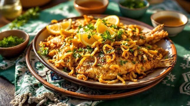 Balyk Qovurma Fried Fish with Onions, Fresh Dill, and Lemon (Kazakhstan Cuisine)