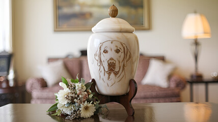 White marble funeral urn with an engraved portrait of a retriever, honoring loyal companions