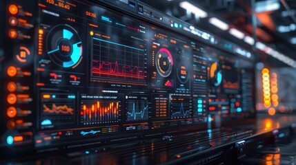 A futuristic digital interface displaying various data visualizations and metrics, featuring vibrant colors and intricate designs.