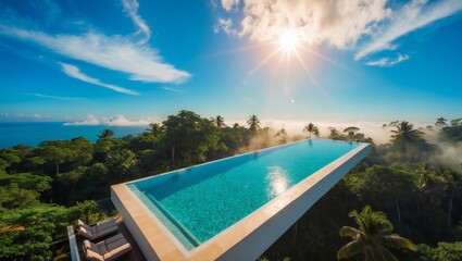 Obraz premium Modern infinity pool overlooking tropical landscape at sunset near ocean